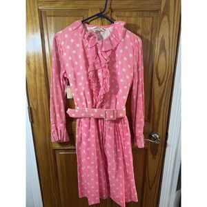 Vtg Secretary Ruffle Dress Gallant of California Pink Polka Dot Belted NWT Sz 16